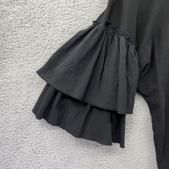 ATM Top Medium Ruffled 3/4 Sleeve Round Neck Black Jersey Blouse Career Minimal - Picture 4 of 13